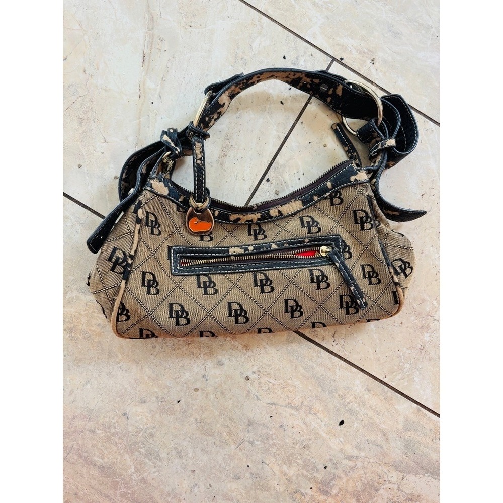 Dooney & Bourke Vintage Y2K Monogram Canvas Baguette Shoulder Bag Tan Black